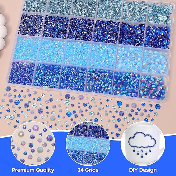 26000PCS Mixed Blue Resin Flatback Rhinestones for Crafting, Resin Rhinestones for Bedazzling Kit, 2/3/4/5/6mm Flatback Gems Jewels for DIY Mugs Tumblers Clothing Shoes Nail Art