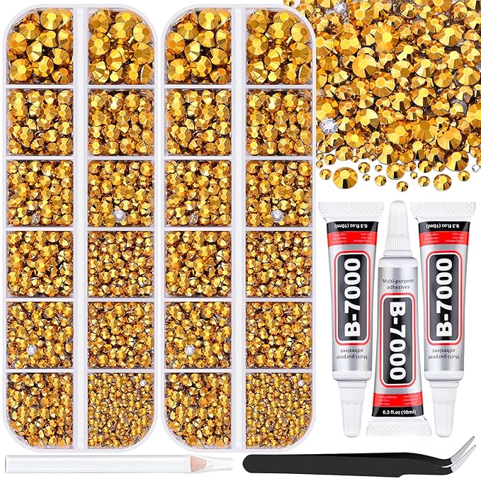 12000Pcs Resin Rhinestones for Bedazzling with 3Pcs B7000 Jewelry Glue, 2 Boxes Mine Gold Flatback Rhinestones for Crafting Crafts DIY, Crystals Gems for Clothing Shoes Tumblers Nail Art Makeup