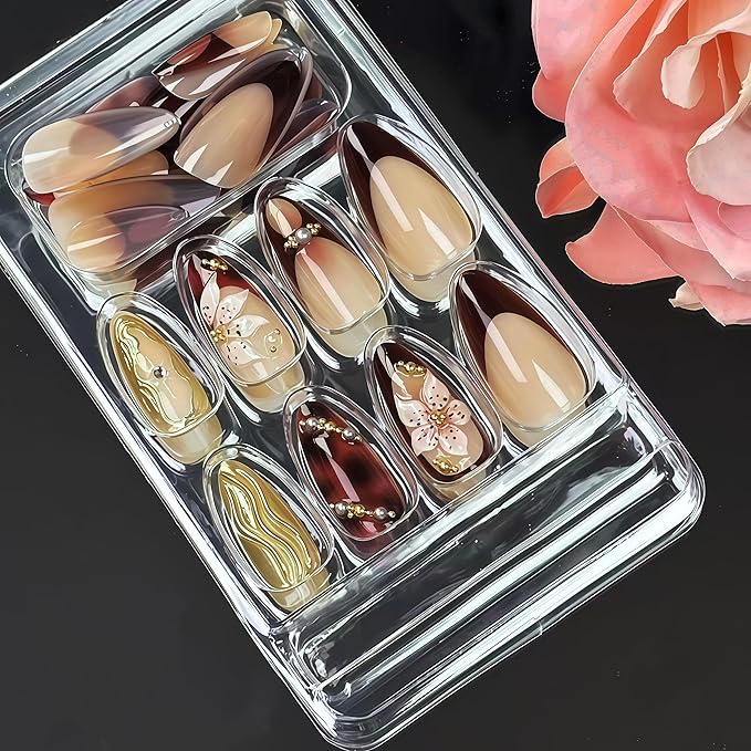24Pcs Almond Press on Nails Medium Fake Nails with Brown Flower Designs French Nails 3D Gold Texture False Nails Star Press ons Pearl Jewelry Acrylic Nail Cute Stick on Nail for Women Manicure