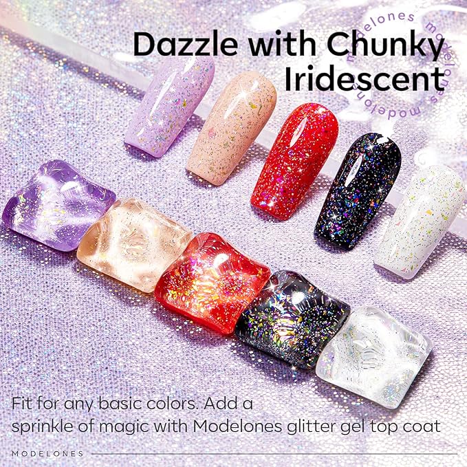 modelones Glitter Gel Nail Polish Top Coat, Rainbow Confetti Gel Top Coat with Scattered Sparkle Shimmer Sequins, Soak Off Long Lasting High Glossy Finish Home Salon DIY Manicure Nail Art