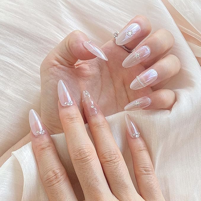 Almond Press-On Nails, Nude with Crystal Rhinestones and Star Design, Handmade False Nail 10 Pieces (Large, Almond)