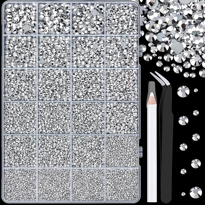 25000Pcs Resin Rhinestones with Tweezers for Crafting, Silver 2-6mm Mixed Sizes Non Hotfix Flatback Gems, Bedazzling Crystal for DIY Craft Clothing Mugs Tumblers Shoes Fabric Decor Nail Art