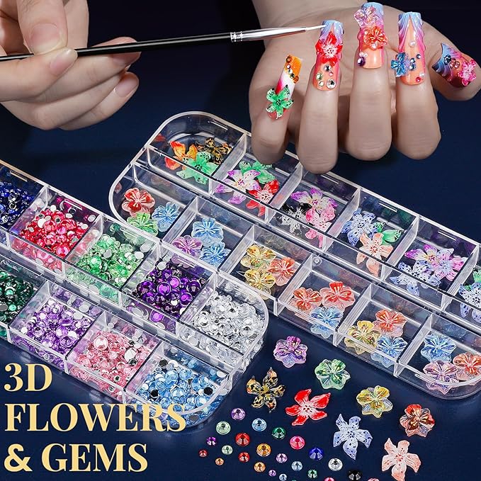 FANDAMEI Nail Art Brushes, Nail Art Kit with 15 Pcs Nail Art Brush, 5 Pcs Dotting Tools, 6 Box Nail Charms and Gems, 10 Flower Nail Stickers, Complete Nail Decoration Art with Nail Art Brushes Black