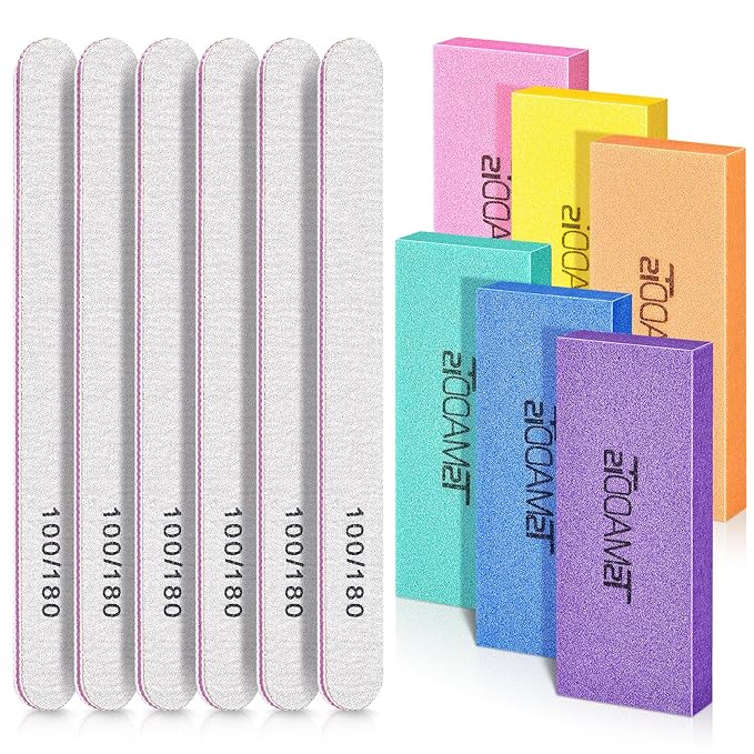 Nail Files and Buffers Set with 6 pcs Rectangular Buffers and 6 pcs White 100 180 Grit Files, Professional Nail Care Tools Kit for Women and Girls