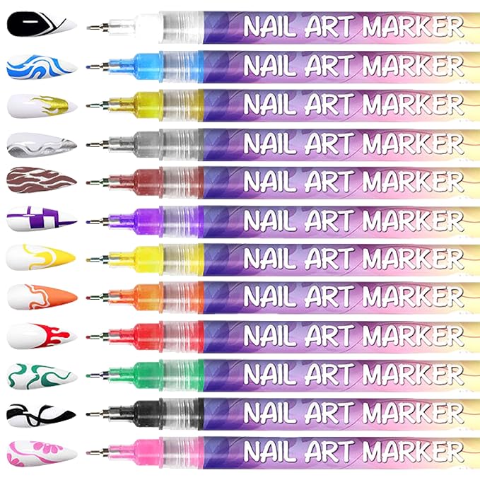 12 Colors Nail Art Pens Set 3D Nail Polish Pens Graffiti Dotting Pen Acrylic Paint Pens Point Liner Pen Drawing Painting for Nails Art Design Manicure Nail DIY Decoration (Laser-12pcs)