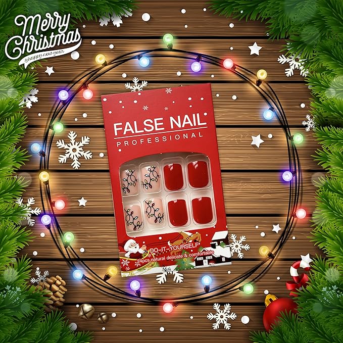 Christmas Fake Nails Short Square Petite Press on Nails Winter Xmas Acrylic Nails Full Cover False Nails with Green Monster Designs Cute Red Stick on Nails Gloss Artificial Nails for Women Manicure