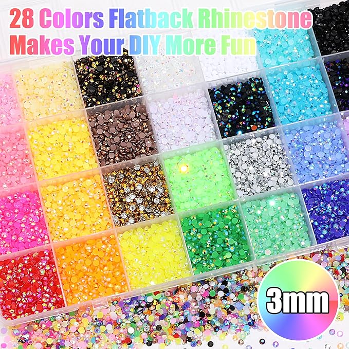 RODAKY 28 Color Rhinestone 3mm Resin Jelly Rhinestones Colorful Flatback Gems for Bedazzling Crystal Rhinestone Kit with 3Pcs 10ml B7000 Glue Diamond Jewels for Crafting DIY Art