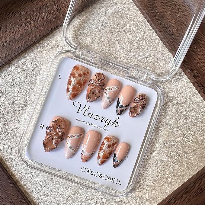 3D Handmade Press On Nails,Brown French Tip Medium Almond Fake Nails with Rhinestone Flowers, Reusable Luxury Winter Nail Art, Salon-Quality Acrylic Nails for Women