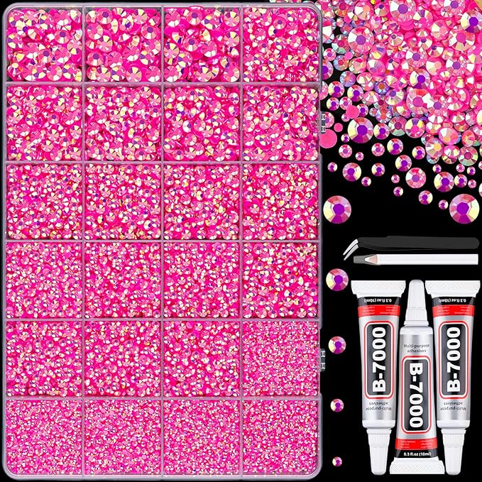 25000Pcs Resin Jelly Rhinestones with Tweezers for Crafting, Hot Pink AB Flatback Gems, Bedazzling Crystal with 3Pcs 10ml B7000 Jewelry Glue for DIY Crafts Clothing Tumblers Shoes Fabric Nail Art