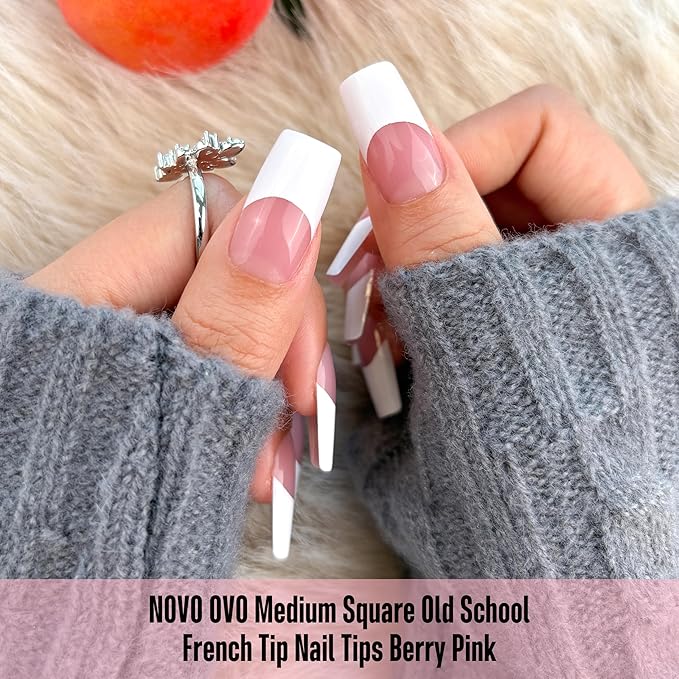 NOVO OVO Old School Wide White French Tip Nail Tips Press on, Medium Length Tapered Square BERRY PINK, Extra Thick Soft Gel Fake Acrylic Extension, Need Builder Gel, Top Coat, Glue 15 Sizes 240 pcs