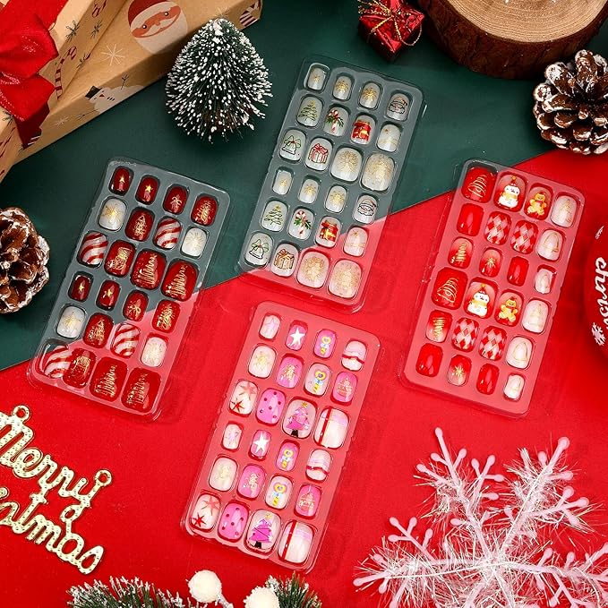 JANYUN 96 Pcs Christmas Fake Nails,Gilded Design Press on Nails for Pre-glue Full Cover Short False Nails Christmas Birthday Gift