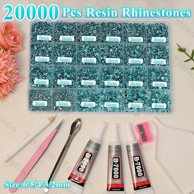 20000Pcs Lake Blue Flatback Jelly Resin Rhinestones for Bedazzling, Mix Sizes Crystal Rhinestones Gems, Lake Blue Gems Bedazzling for Crafting, Flatback Rhinestone for DIY Face Makeup Crafts