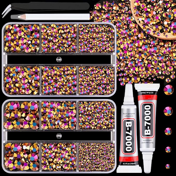 Resin Jelly Rhinestones for Crafting with B7000 Jewelry Glue, 2 Boxes Gold Rose AB Flatback Crystals with 2Pcs 10ml Glue, Bedazzling Non Hotfix Gems for DIY Tumblers Clothing Shoes Manicure