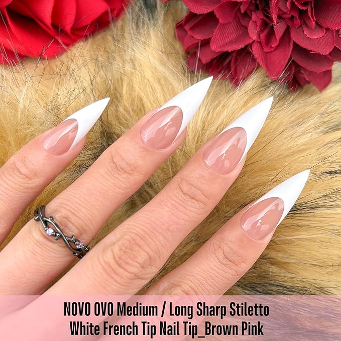 NOVO OVO Medium Long Sharp Stiletto Nail Tips (White French Tip) - Brown Pink Nude Soft Gel Press Ons, Pre-Designed Full Cover Fake Nails for Instant Salon Manicure, 16 Sizes (160 Pcs)