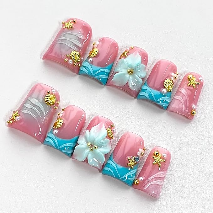 Luxury Press on Nails Short Duck Handmade 3D Unique Reusable ABS Material Fake Nails French Tip False Nails with Designs Flower Pearls Shell Blue Glossy Glue on Nail Thick Acrylic Nail(S)