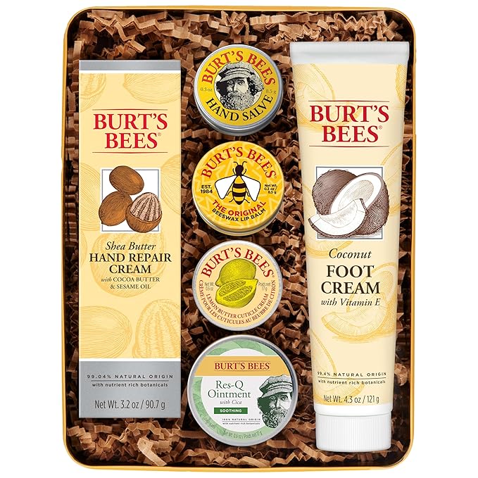 Burt's Bees Valentine's Day Gifts Ideas - Classics Set, 6 Products in Giftable Tin, Cuticle Cream, Hand Salve, Lip Balm, Res-Q Ointment, Hand Repair and Foot Cream