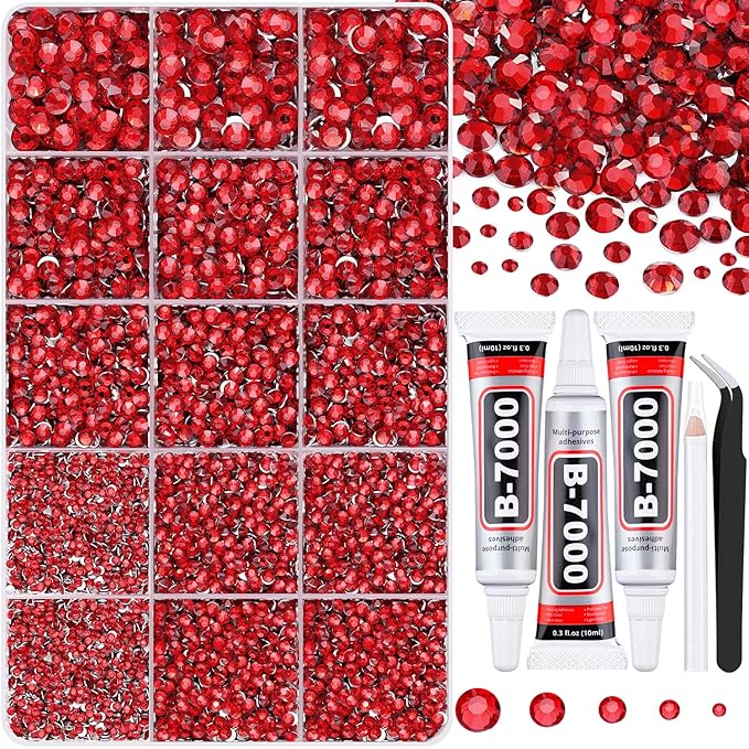 16000Pcs Resin Red Rhinestones for Crafting, Non Hotfix Flatback Gems, Bedazzling Crystal with 3Pcs 10ml B7000 Jewelry Glue for DIY Crafts Clothing Tumblers Shoes Fabric Nail Art