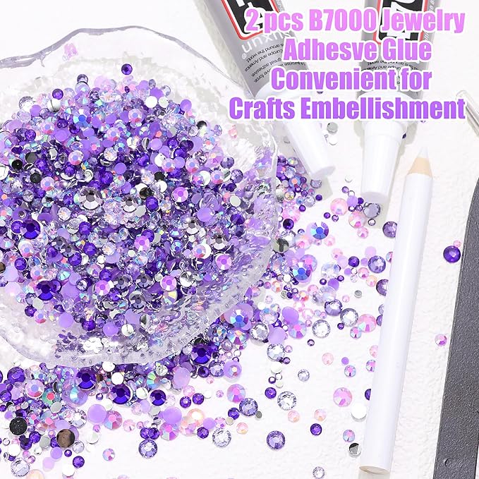 RODAKY 30000PCS Purple Resin Rhinestone Mixed Size AB Rhinestones Bedazzling Kit with 2PCS 10ml B7000 Jewelry Glue Tweezers Pen Making Kit for DIY Craft Clothing Shoes Nail Decor