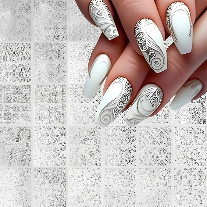 30 Sheets Silvery Stickers 3D Self-Adhesive Lace Nail Decals Retro Flower Designs Nail Supplies Acrylic Nail Decoration DIY Nails Art Accessories for Women