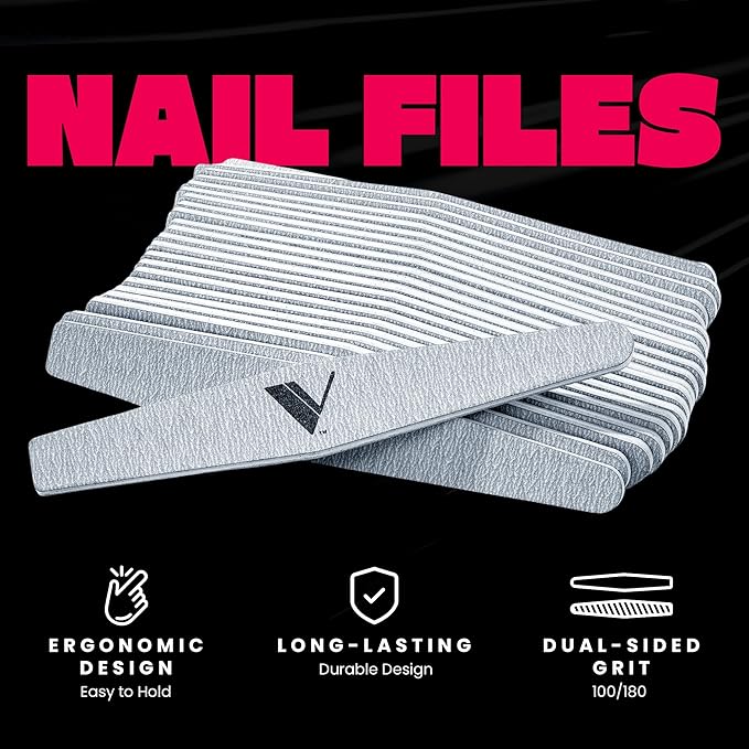 V Beauty Pure Zebra Nail File for Natural Nails 100/180 Grit - Fingernail Files for Shaping, Contouring & Finish Filing Gel & Acrylic Nail Edges - Nail Filer Shaper for Pedicure & Manicure, 50 pcs