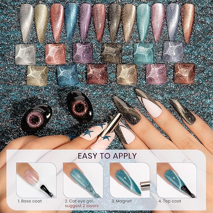 Reflective Cat Eye Gel Nail Polish Sparkling Holographic Magnetic Nail Polish Gels 9D Cateye Gel Polish Set 12 Colors with Magnet for Home DIY Manicure Nails Salon