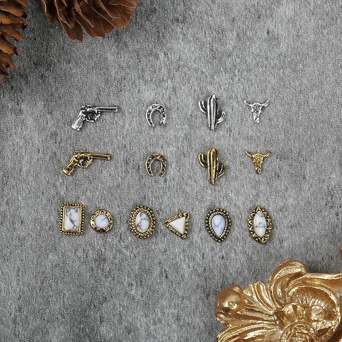 50 PCS Turquoise Nail Charms White - Western Nail Charms 3D Vintage Turquoise White Pink Marble Gems Accessories, Retro Cowboy Gemstones for Women DIY Decorations