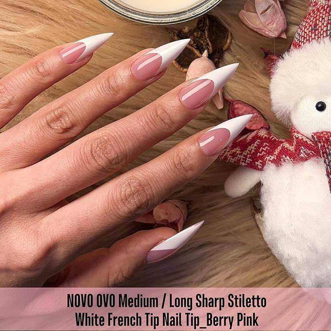 NOVO OVO White French Tip Sharp Stiletto Pointed Medium Long Nail Tips Press on Berry Pink, Soft Gel Fake Acrylic Extension, Full Cover False Nails for Salon DIY x 16 Sizes 160 pcs
