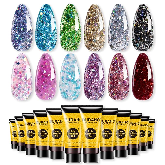BURANO Poly Nail Gel Set, 12 Colors Nail Poly Nails Extension Gel Kit for Beginner Professional Salon Using Home DIY 15g (kit02, 15g)