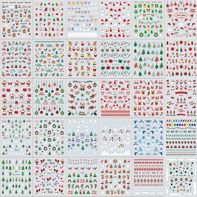 30 Sheets Christmas Nail Art Stickers 3D Self-Adhesive Santa Claus Tree Nail Stickers for Nail Art Snowman Elk Nail Art Stickers Winter Nail Decals Xmas Design Nail Decals for Nail Art for Women