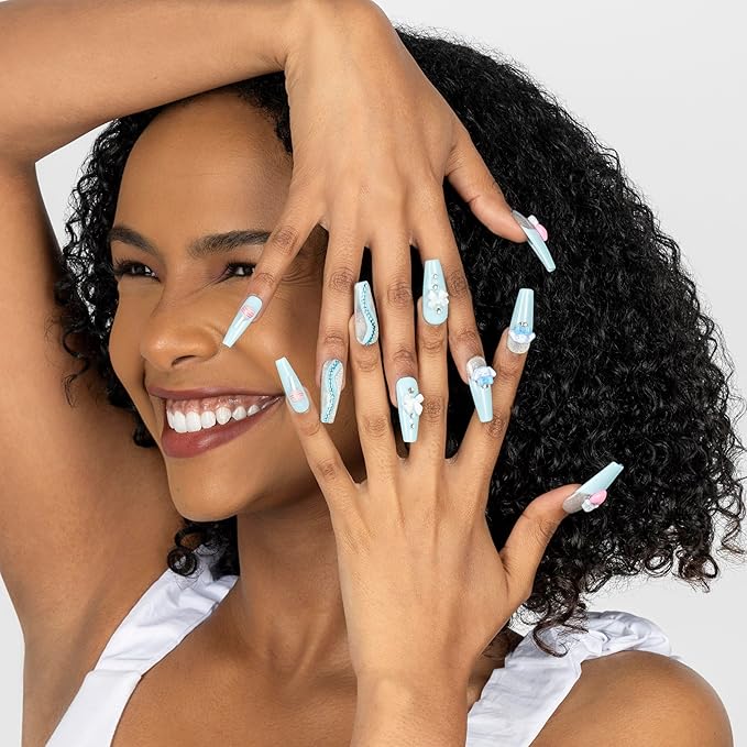 First-Ever 3D Cinnamoroll Coffin Press-On Nails | Luxury Handmade Sanrio Kawaii False Nails with Charms, Gems & 3D Clouds | Full Kit 24pcs for All Ages + Glue & Tabs