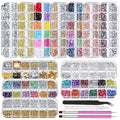 12 Boxes Nail Rhinestones Gems Kit,Gold/Silver Metal Studs,Mixed Sizes Flatback Crystals Rhinestones,Half Pearls,Sequins,Foil Flakes with Tweezers & Dotting Tools for DIY Manicure