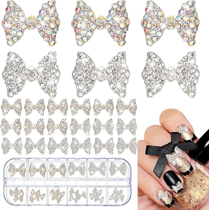 Maitys 24 Pieces Nail Bows Charms Rhinestones 3D Charms Alloy Pearl Bow Knot Accessory for Valentine's Day Women DIY Xmas Salon Jewelry Craft(Silver, Laser)