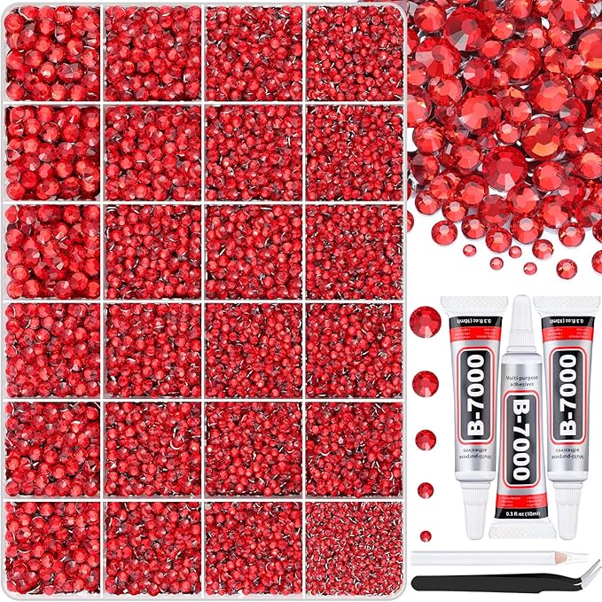 30000Pcs Red Rhinestones for Bedazzling with B7000 Jewelry Glue, Bedazzler Kit Bulk Flatback Gems, Resin Rhinestones for Crafting Crafts Clothing Shoes Fabric Nail Art Assorted Size 2/3/4/5/6mm