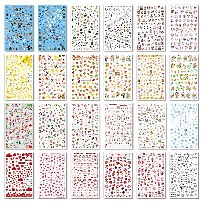 TailaiMei 24 Sheet All Holidays Nail Art Stickers, Christmas Valentine's Day Mixed Seasons Variety Pack for Halloween Fall Nail Decals, Self-Adhesive Design Thanksgiving Nail Decorations (Classical)