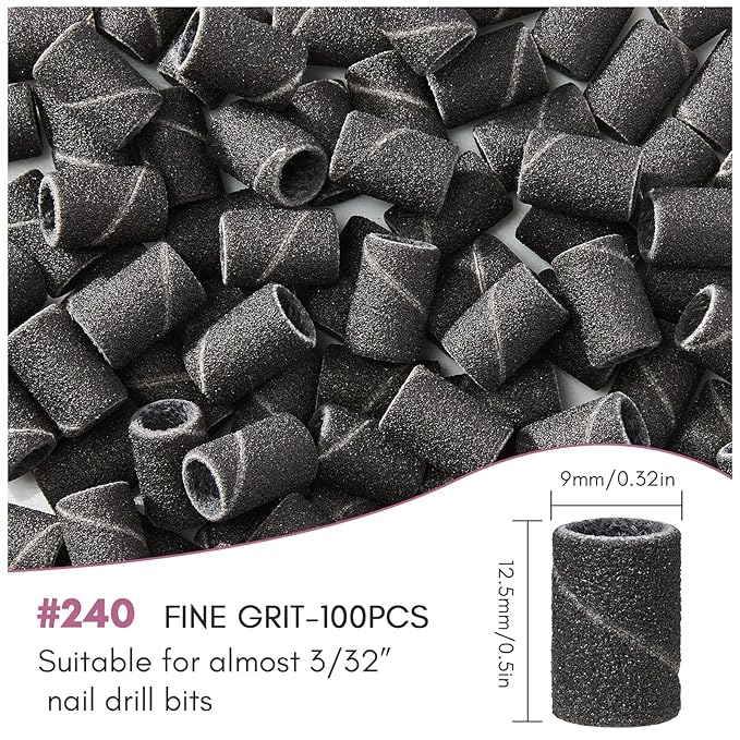 Makartt Sanding Bands for Nail Drill - 100 Pcs #240 Fine Grits Nail File Sanding Bands For Drill Bits, Nail Prep Smooth Polish, Upgrade Thicker Durable Sanding Drill Bit For Acrylic Nails Gel, Black