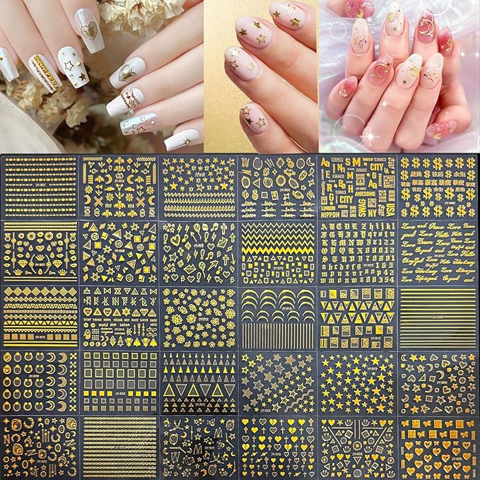30 Sheets Gold Nail Sticker Star Moon Heart Nail Art Stickers Cute Design 3D Self-Adhesive Nail Decals for Women Girls DIY Nail Art Decoration Accessories