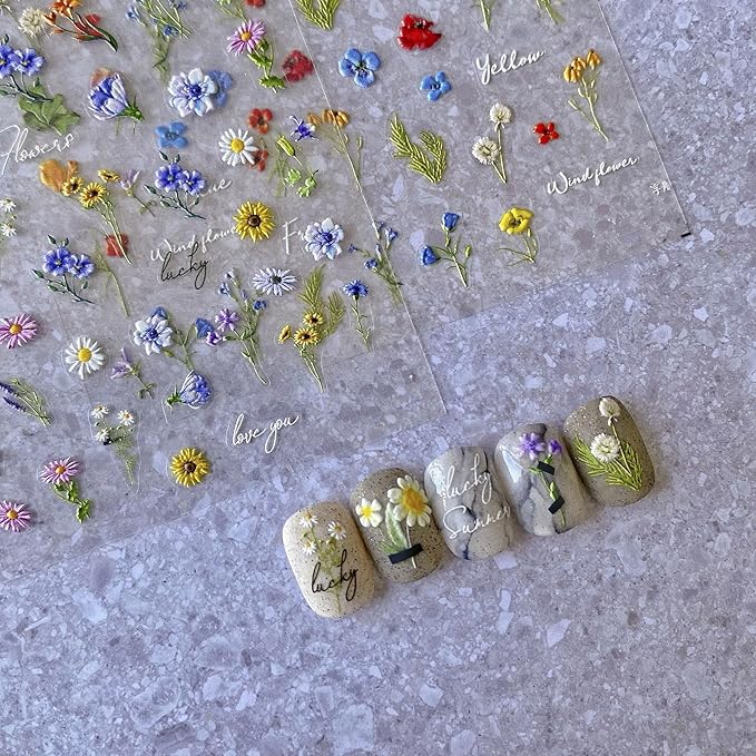 Magrace Flower Nail Stickers for Spring 1 Sheets 5D Self-Adhesive Nail Art Decals for Women Flower Stickers Decoration