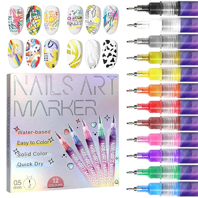 12 Colors Nail Art Pens Set 3D Nail Polish Pens Graffiti Dotting Pen Acrylic Paint Pens Point Liner Pen Drawing Painting for Nails Art Design Manicure Nail DIY Decoration (Laser-12pcs)