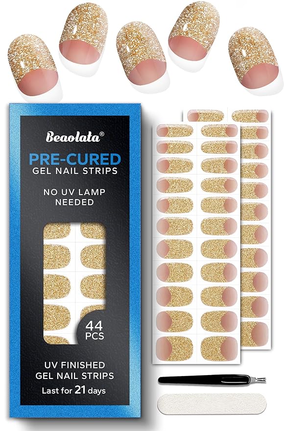 Pre Cured Gel Nail Strips - 44PCS Salon Quality Gel Nail Stickers - Long Lasting Polish Wraps for Women no UV Light Needed Easy Apply & Remove (Gold Haze