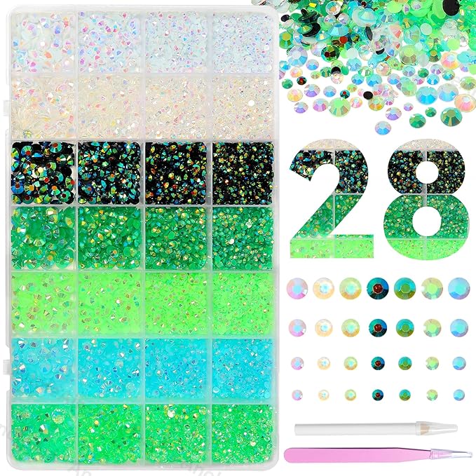 22000Pcs Green Rhinestones for Bedazzling, Jelly Bedazzling Resin Gems 3-5mm, Blue White Gems Bedazzling Kit for Crafting, Flatback Color Light Green Blue AB Gems for Nails Face Makeup Tumblers