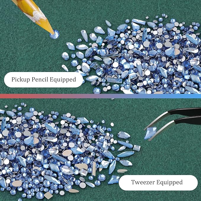 BELLEBOOST Multi Shapes Light Blue 3D Glass Crystal Nail Art Rhinestones Kit with Flatback Round Bead Charm Gem Jewelry Diamond with Nail Art Pens + Tweezer for Manicure Makeup DIY Craft Decoration
