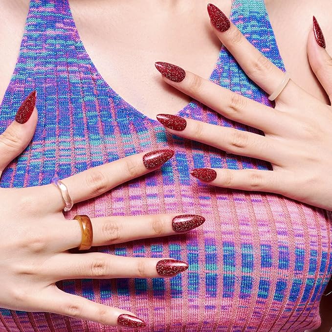 GLAMERMAID Golden Red Press on Nails Medium Almond, Handmade Glitter Glossy Jelly Soft Gel Glue on Nails Stiletto, Bright Red Fake Nails Short Oval, Reusable Acrylic Stick on False Nails Kit for Women
