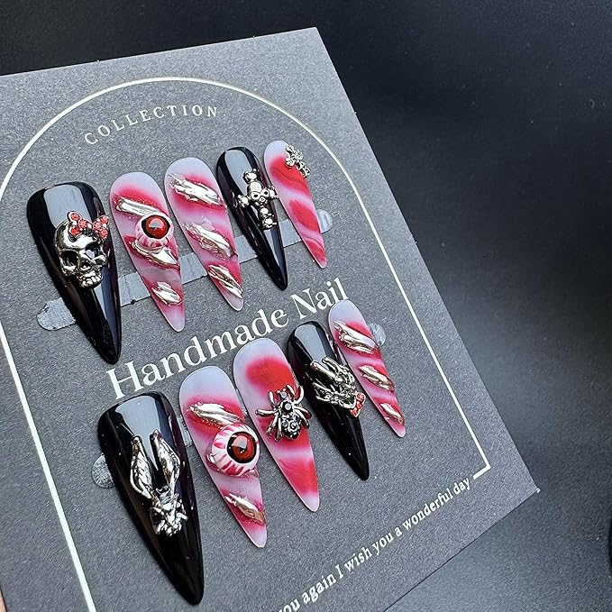 100% 5D Handmade Press on Nails Halloween Nails Balck Long Stiletto Nails Press ons Gothic False Nails with Skeleton Evil Eye Spider Charms Fake Nails for Women Girls Daily Wear DIY Manicure Size L