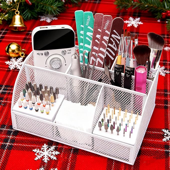 CGBE Nail Drill Bits Holder: 60 Holes Professional Drill Bit Holder for Nails - Mesh Metal Nail Tools Organizer Display Case - Nail Desk Organizer for Nail Tech - White (Not Included Nail Drill)