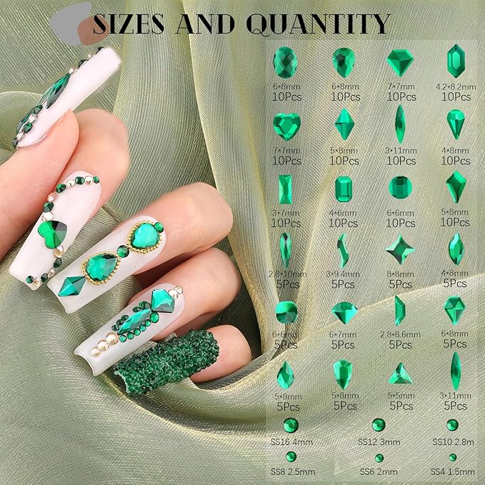 Emerald Green Glass Nail Rhinestones - 1680pcs Multi Shapes Flatback Gems + 1500pcs 1.5-4mm Round Crystal with Rhinestones Glue Gel for Nail Art