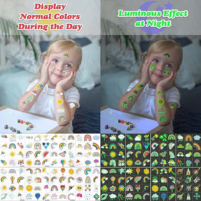 96PCS Glow Rainbow Pre-Cut Temporary Tattoos Stickers,Colorful Theme Birthday Party Decorations, Supplies,Neon Luminous Halloween Party Favors Gifts for Kids Girls Boys (Glow in the dark)