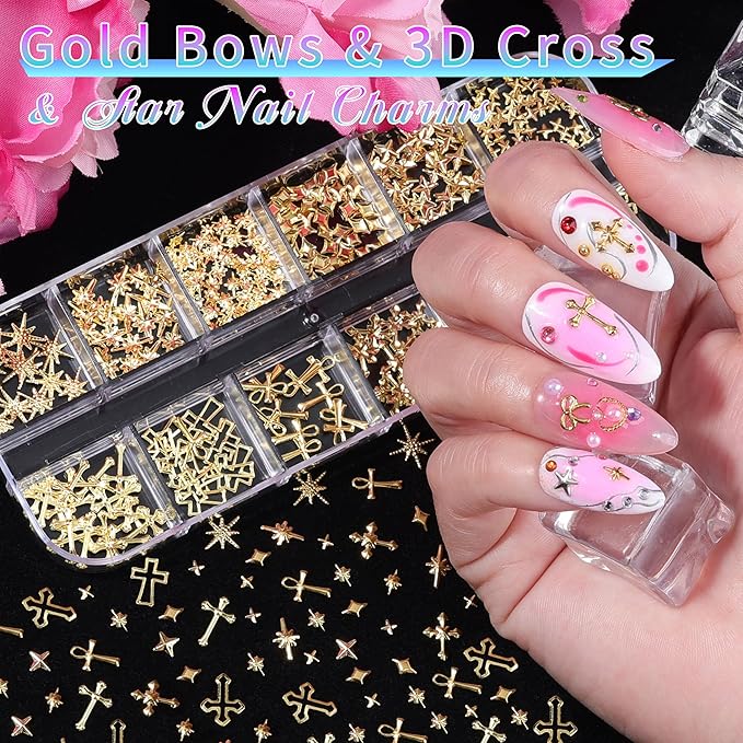 5 Boxes Gold & Silver Metal Nail 3D Punk Studs Star Cross Bow Gems and Small Caviar Beads Pearls Rhinestones Nail Art Jewels with Tweezers and Nail Brush and a Wax Pen Picker(9-Gold & Silver Studs)
