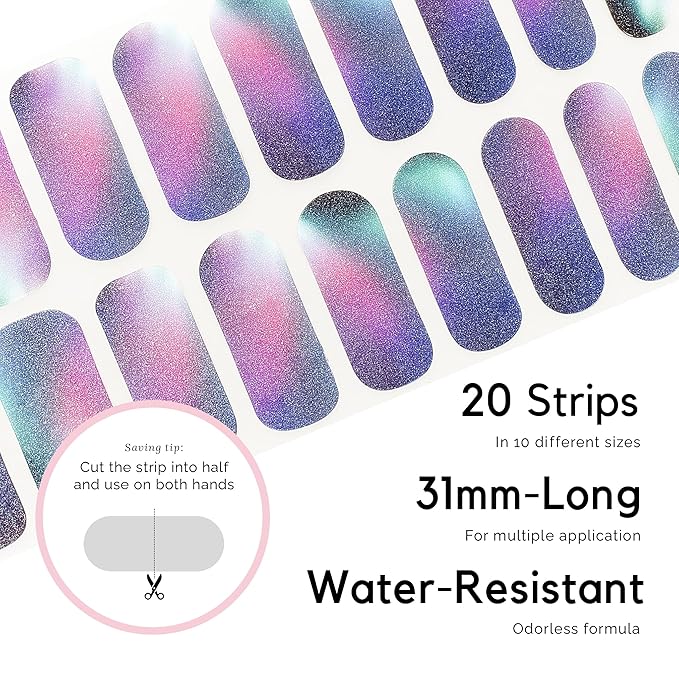 Semi Cured Gel Nail Strips, NAILOG 20pcs Long Lasting Nail Stickers Work with Any UV Light, Wraps with Glossy Gel Finishing for Women Girls Kids DIY Gift│Aurora
