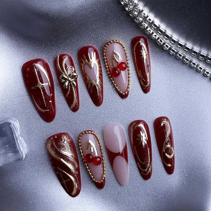 Valentines Long Press on Nails Almond Fake Nails Red Artificial Nail with Cherry and Gold Charm Designs Love Heart SEENEEY Stick on Nail for Women 30pcs