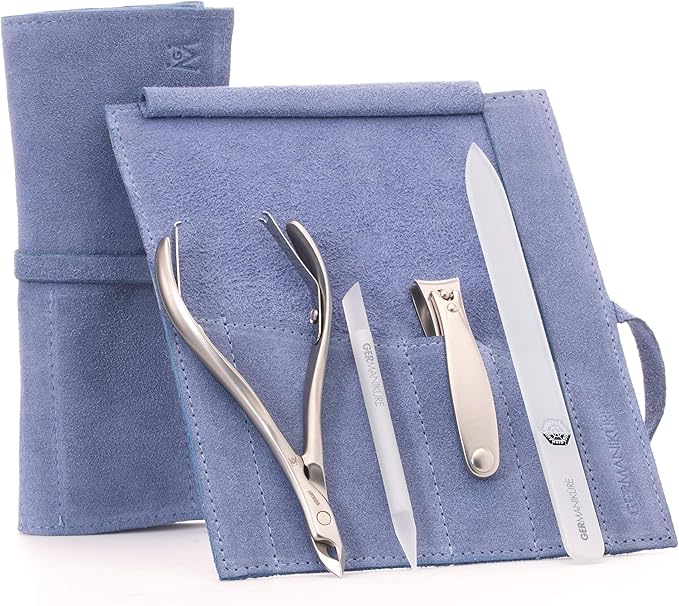GERMANIKURE 4pc Manicure Set in Light Blue Suede Case - FINOX Stainless Steel Tools Made in Germany, Glass Nail Care Supplies Made in Czech Republic – Professional Cuticle and Nail Care Kit
